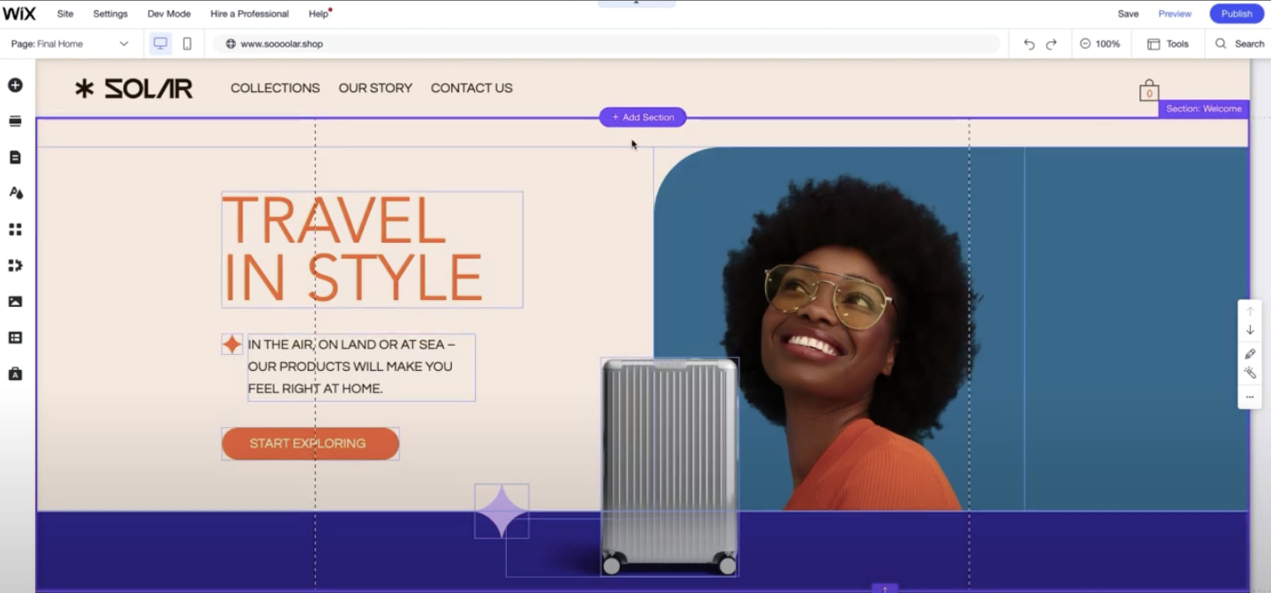 Image showing the section and strip guidelines in the Wix editor