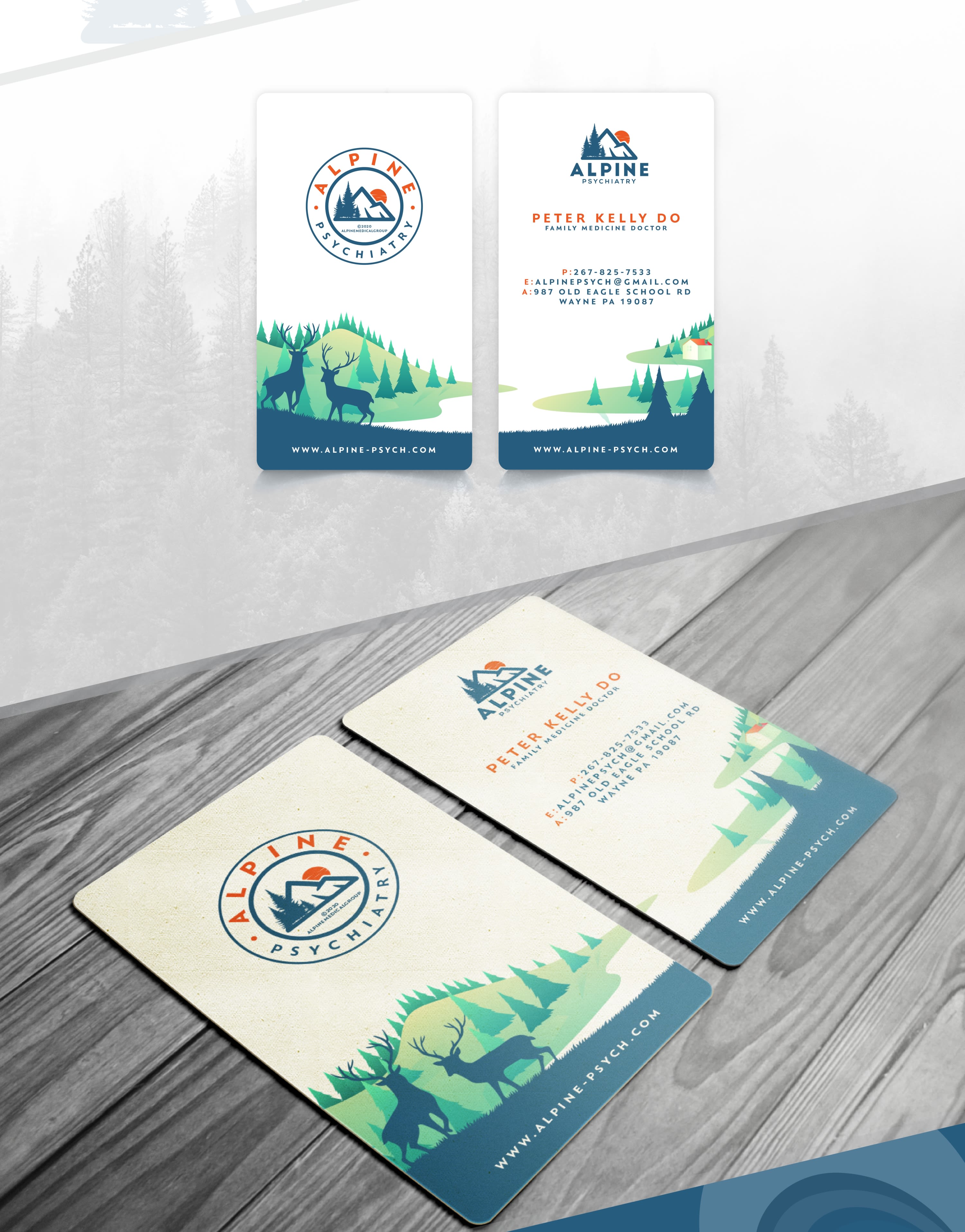 Blue and green business card for a medical brand