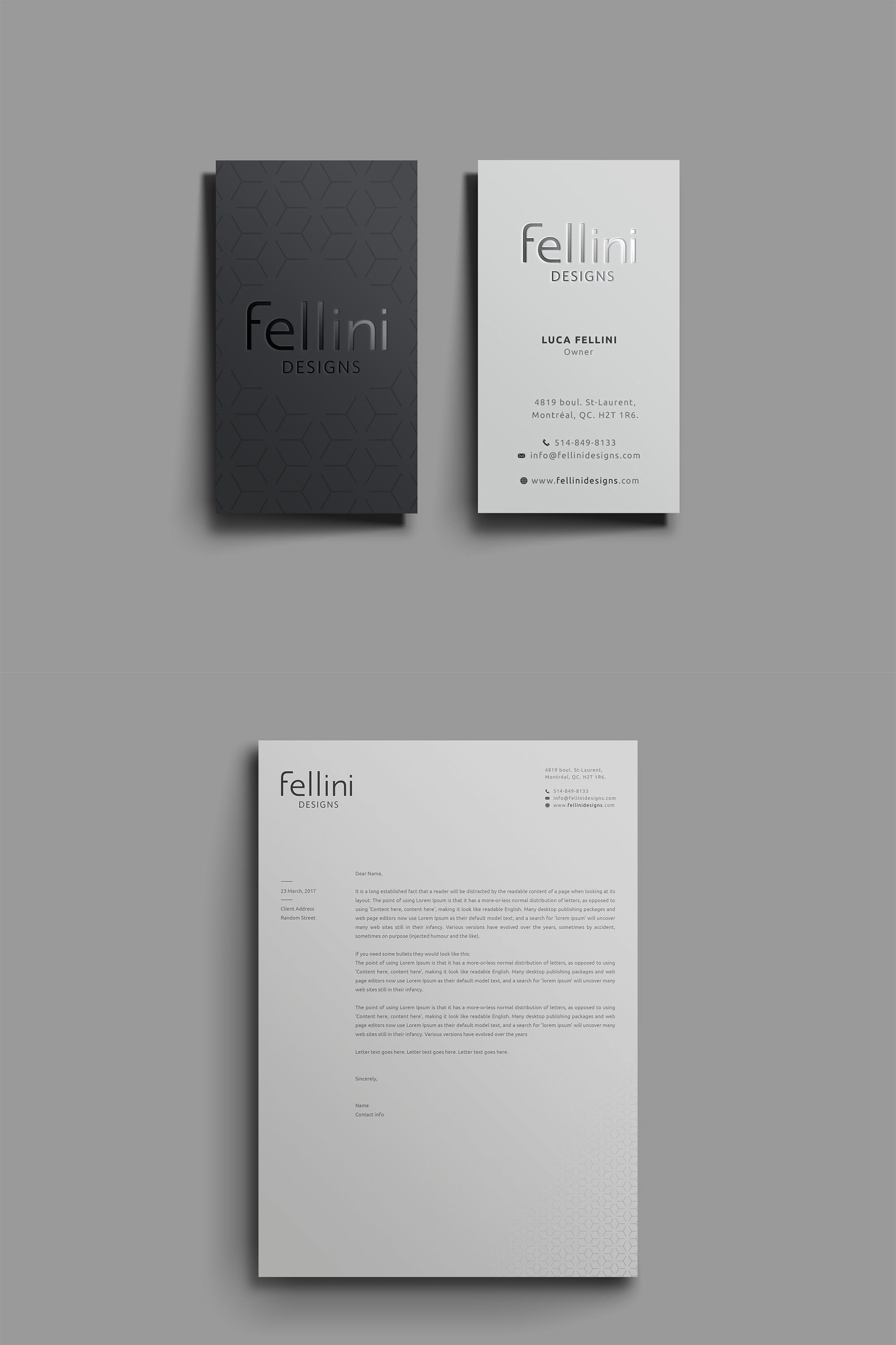 Black and white business card design for an interior design brand