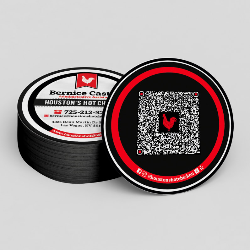 Round business card for eatery with QR code