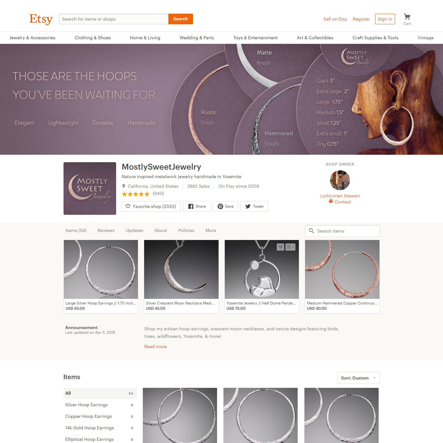 Etsy jewelry page design