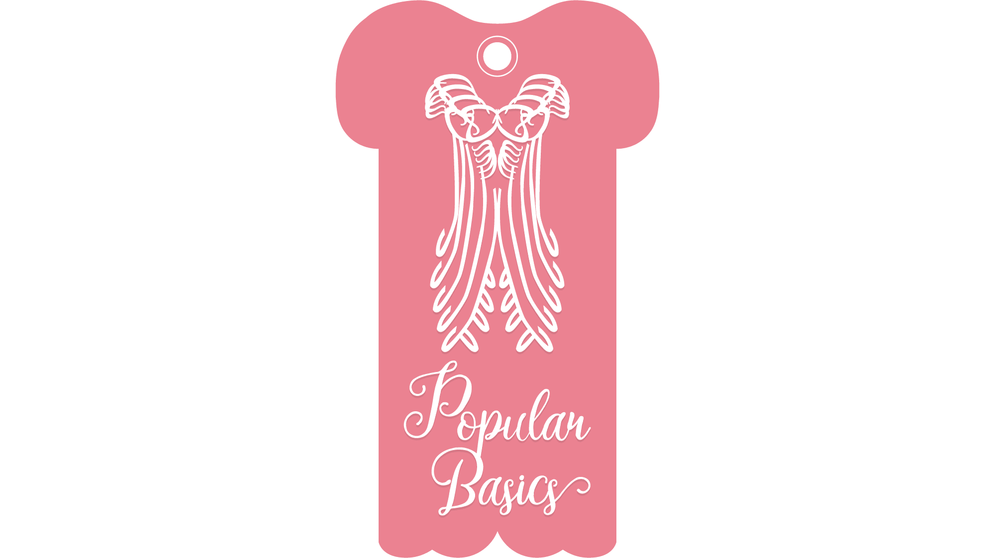 Pink vertical hang tag with an illustration of a dress and the words “Popular Basics”