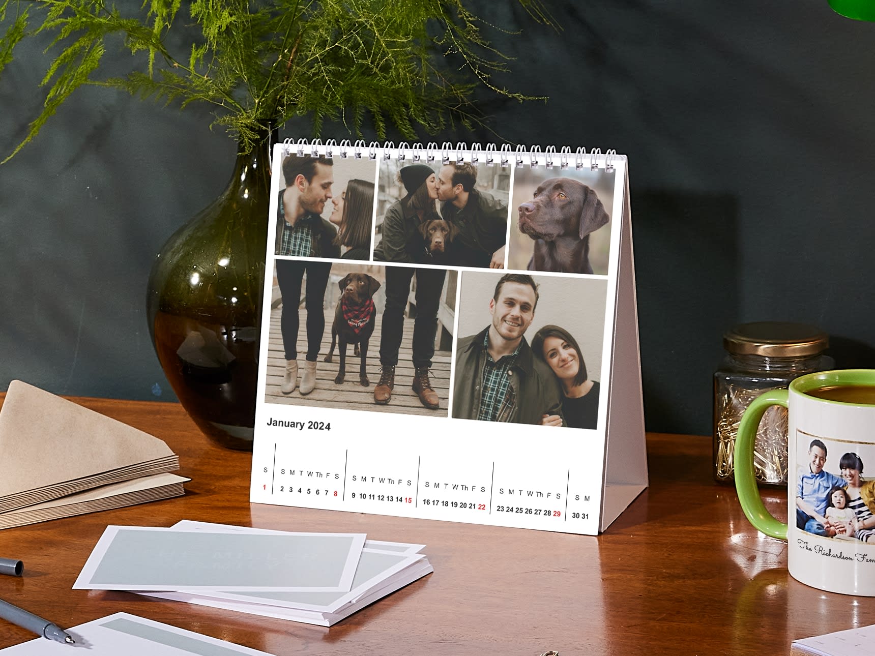 A desk calendar with photos of a couple