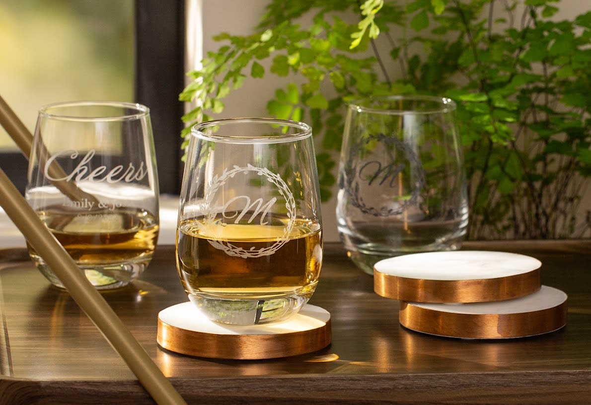 Wedding gift idea: Etched wine glasses with their initials or Mr and Mrs