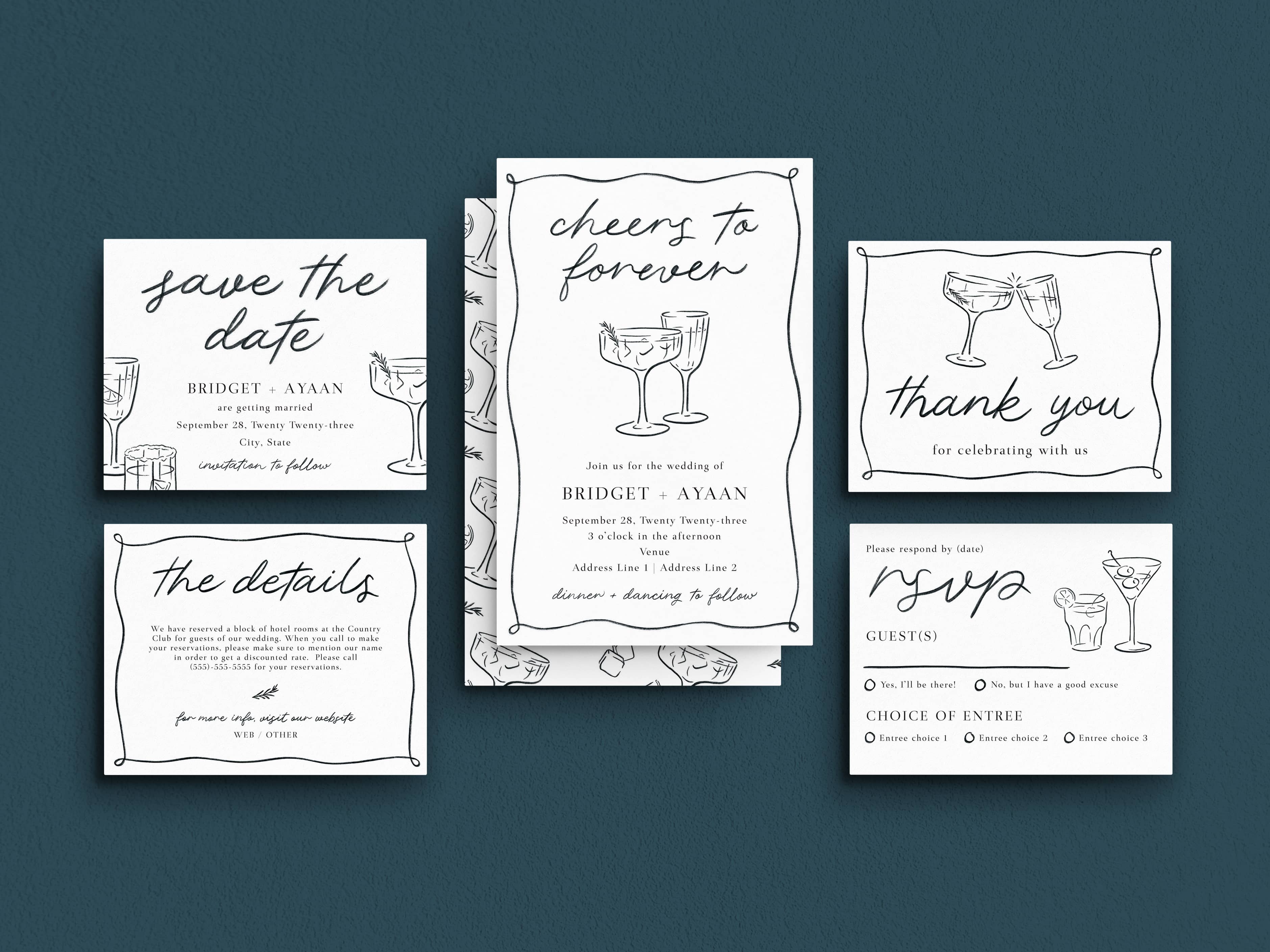 Wedding invitation, save the date and RSVP with cute hand-drawn illustration of drinks