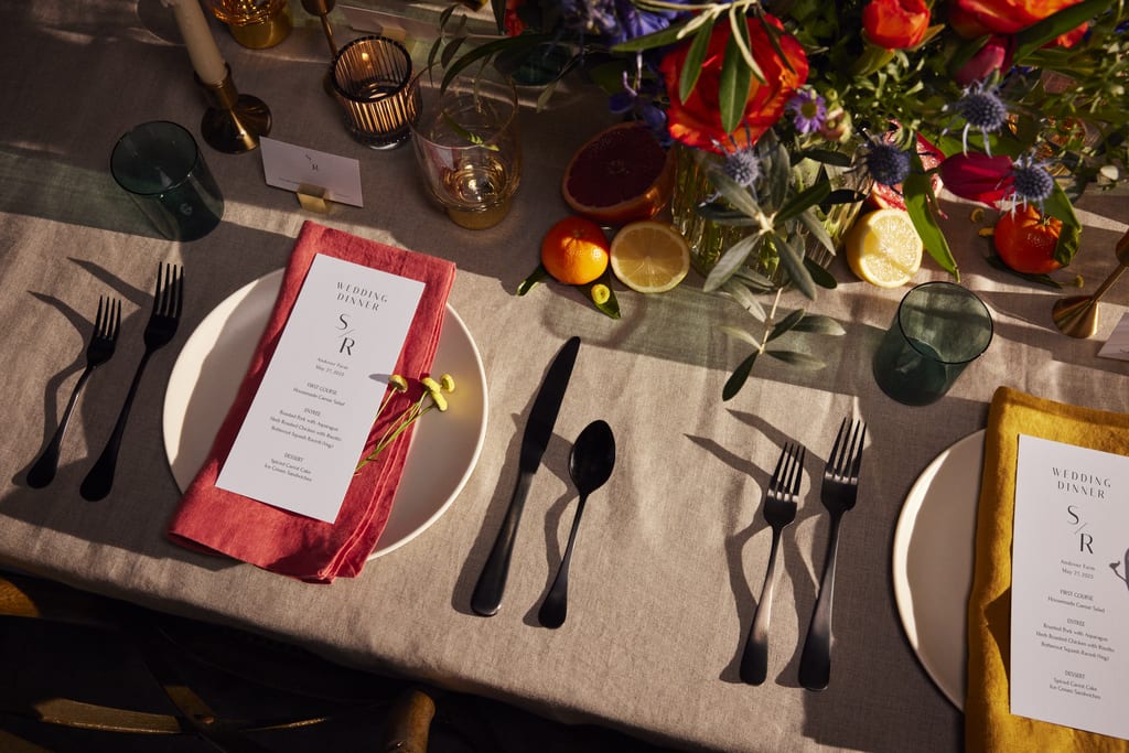 wedding dinner with custom menu cards