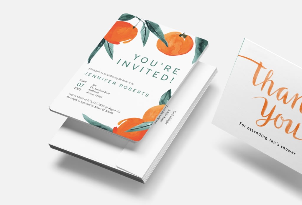 Watercolor style illustration of orange on a bridal shower invitation