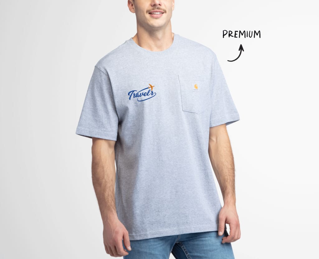 A man wearing a gray branded Carhartt T-shirt