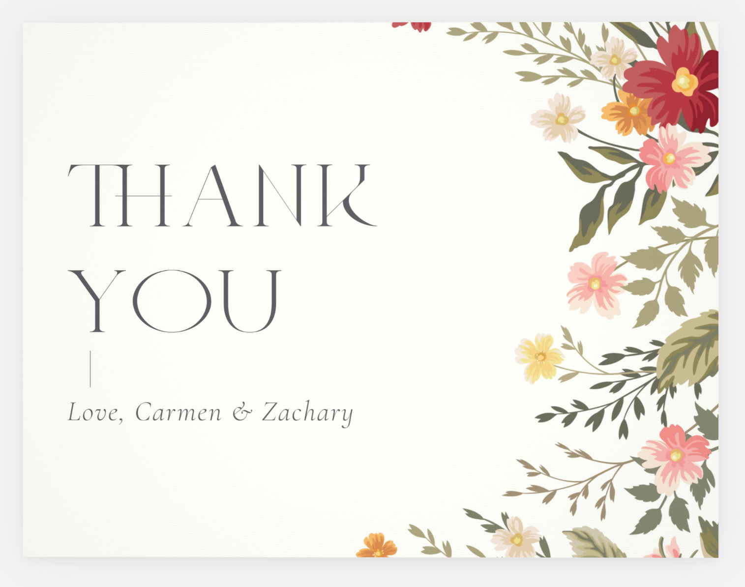 Floral wedding thank you card design with couple&rsquo;s names