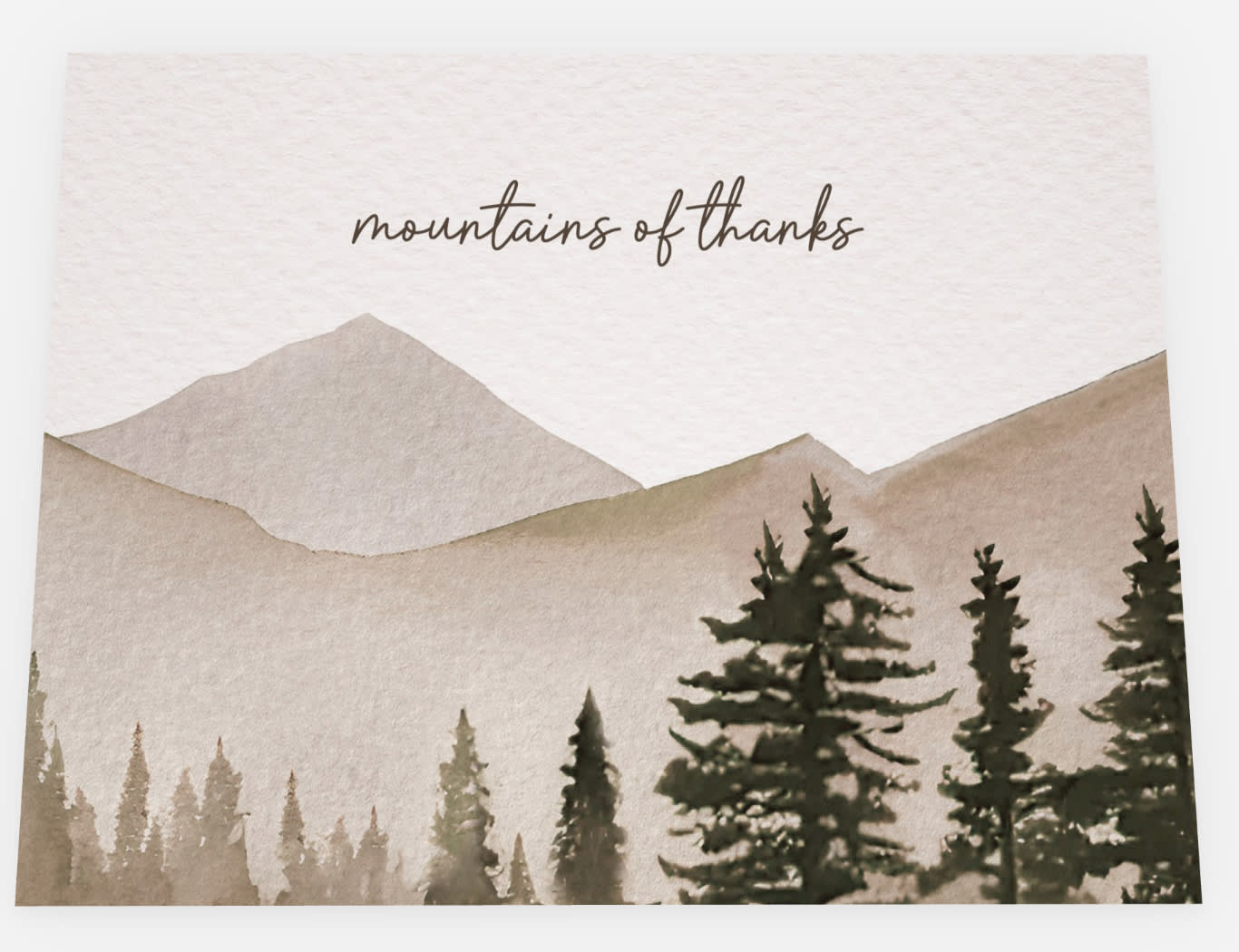 Rustic watercolor thank you card that reads “mountains of thanks”
