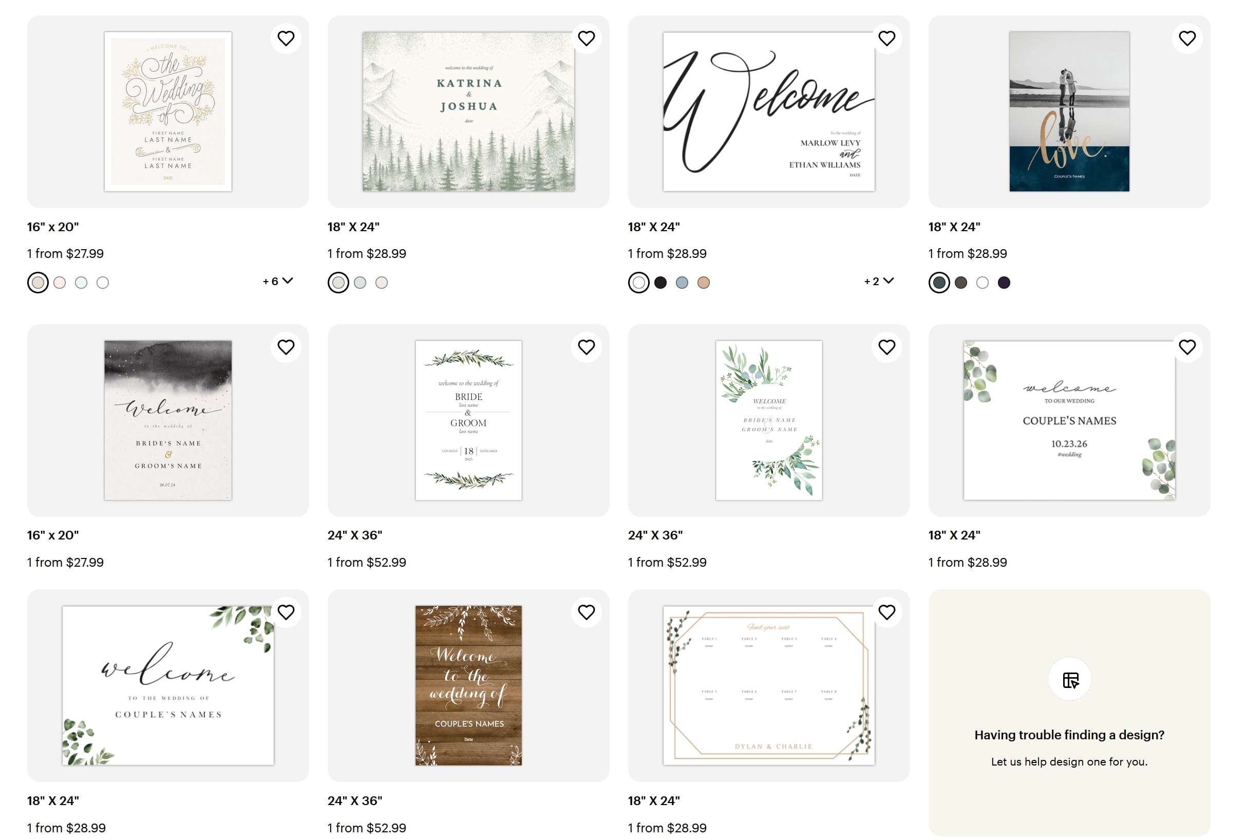 A screenshot of the VistaPrint customizable wedding sign templates gallery