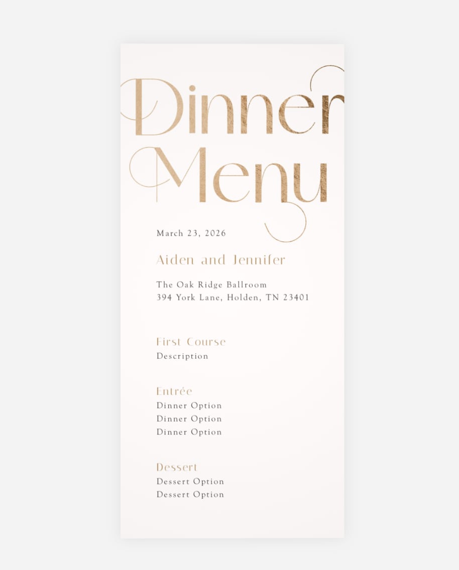 Wedding menu card with golden foil accents