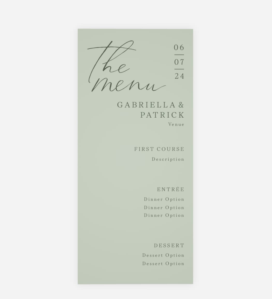 Wedding menu card with a monochrome design