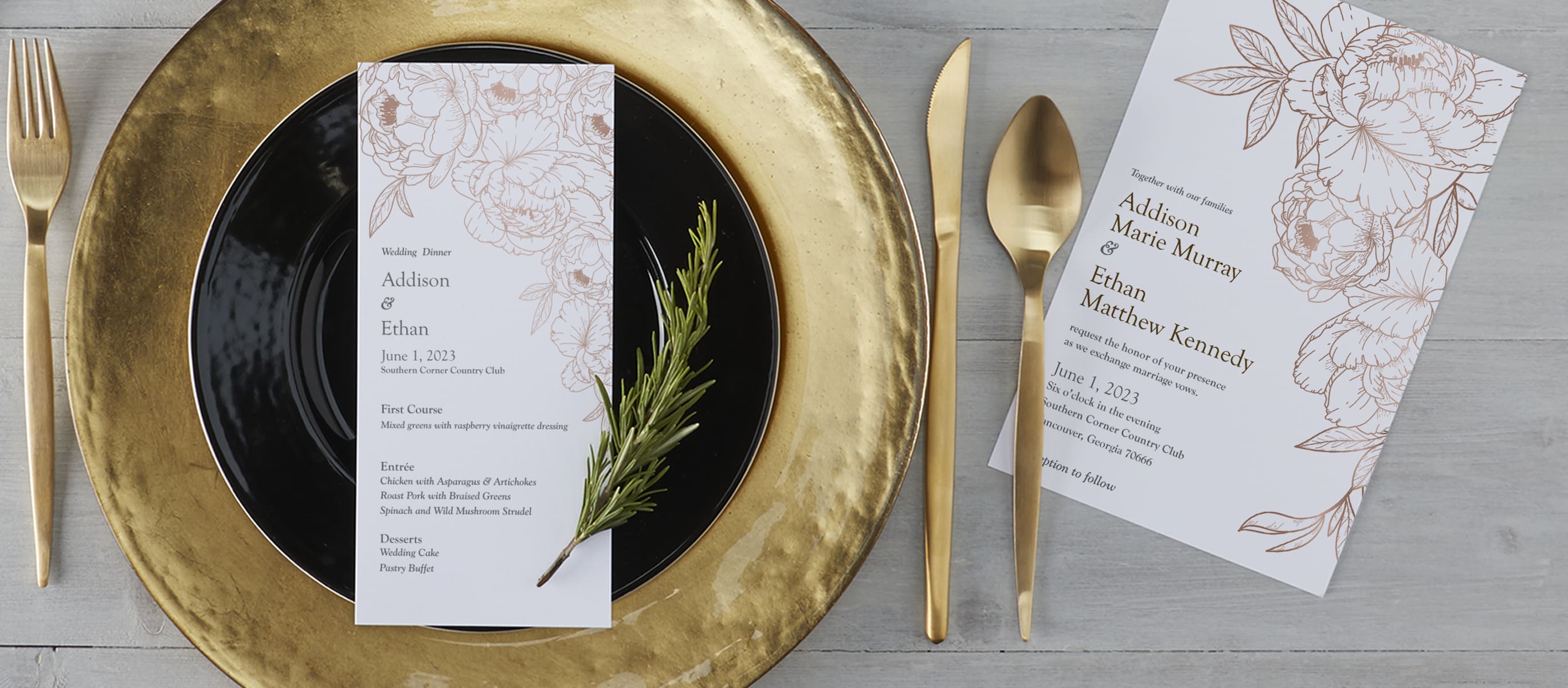 Boho wedding menu card with floral elements