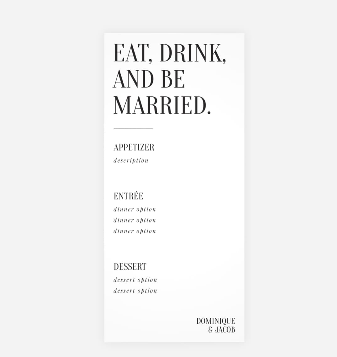 Black and white typography wedding menu design
