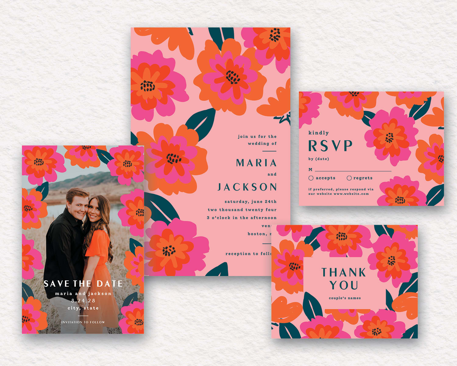 Maximalist and bold floral wedding invitation suite with a matching RSVP card