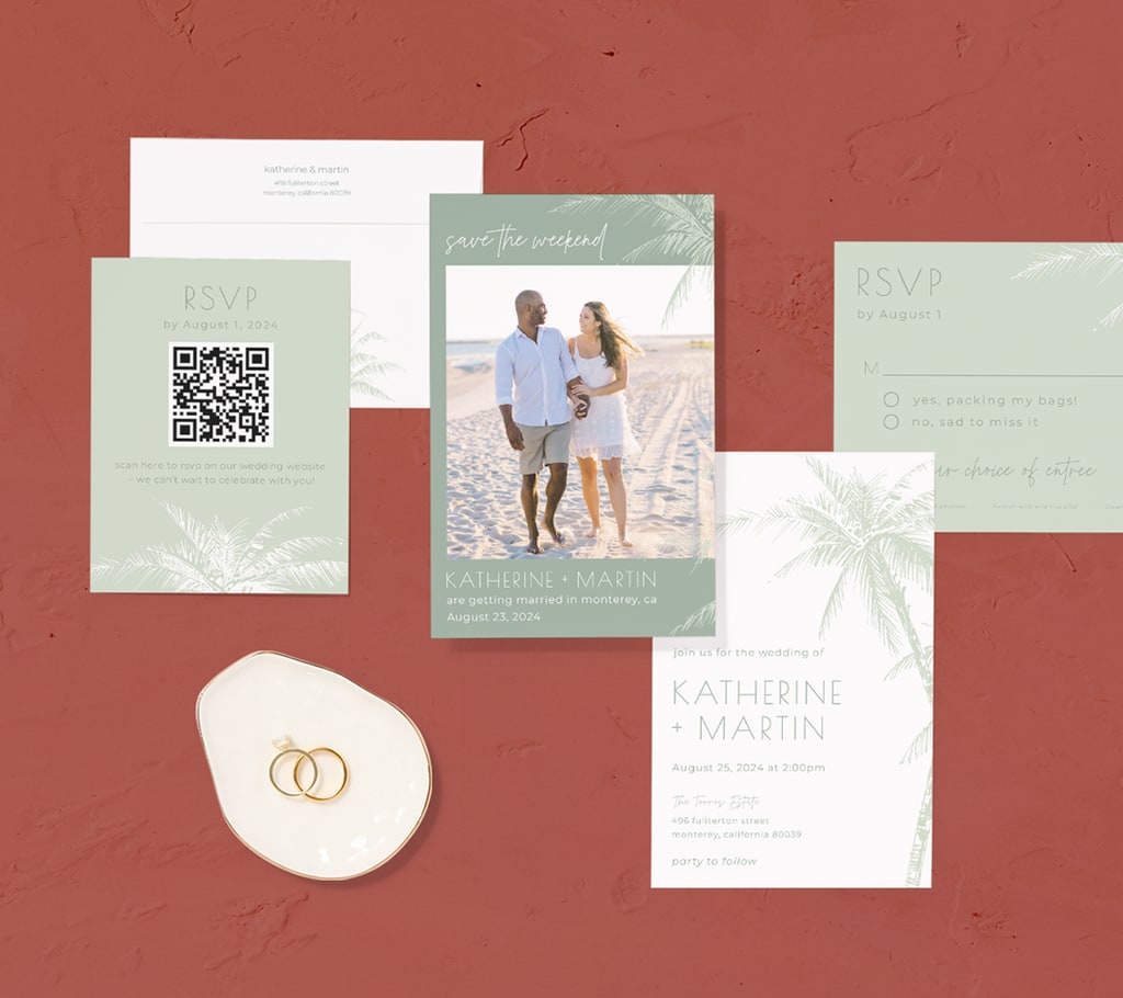 A wedding invitation suite that features a QR code RSVP card