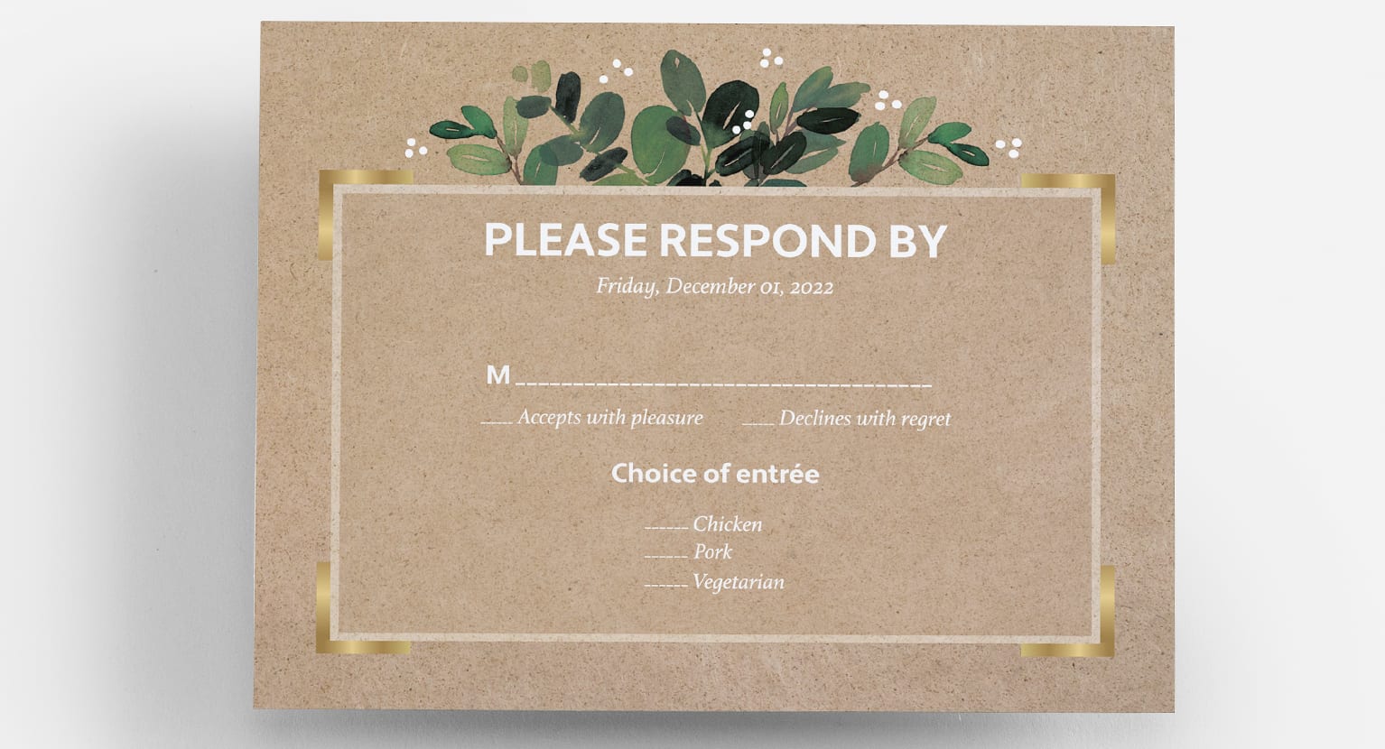 Kraft paper rustic wedding RSVP card design with floral motifs