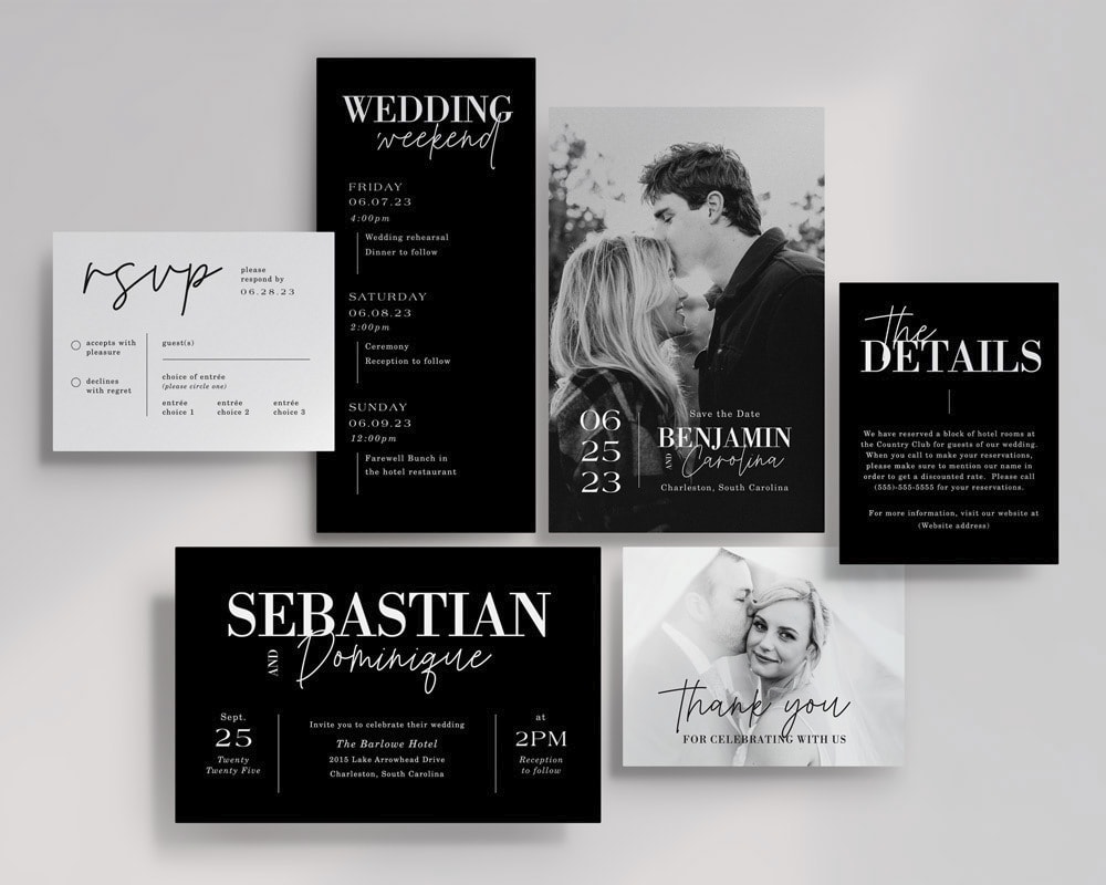 Minimalist, black and white wedding invitation suite with a modern-looking RSVP card