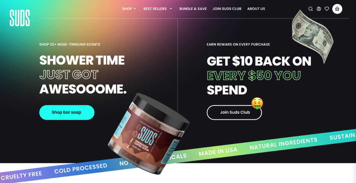 Floating images of scrub soap and a dollar bill on a soap brand website