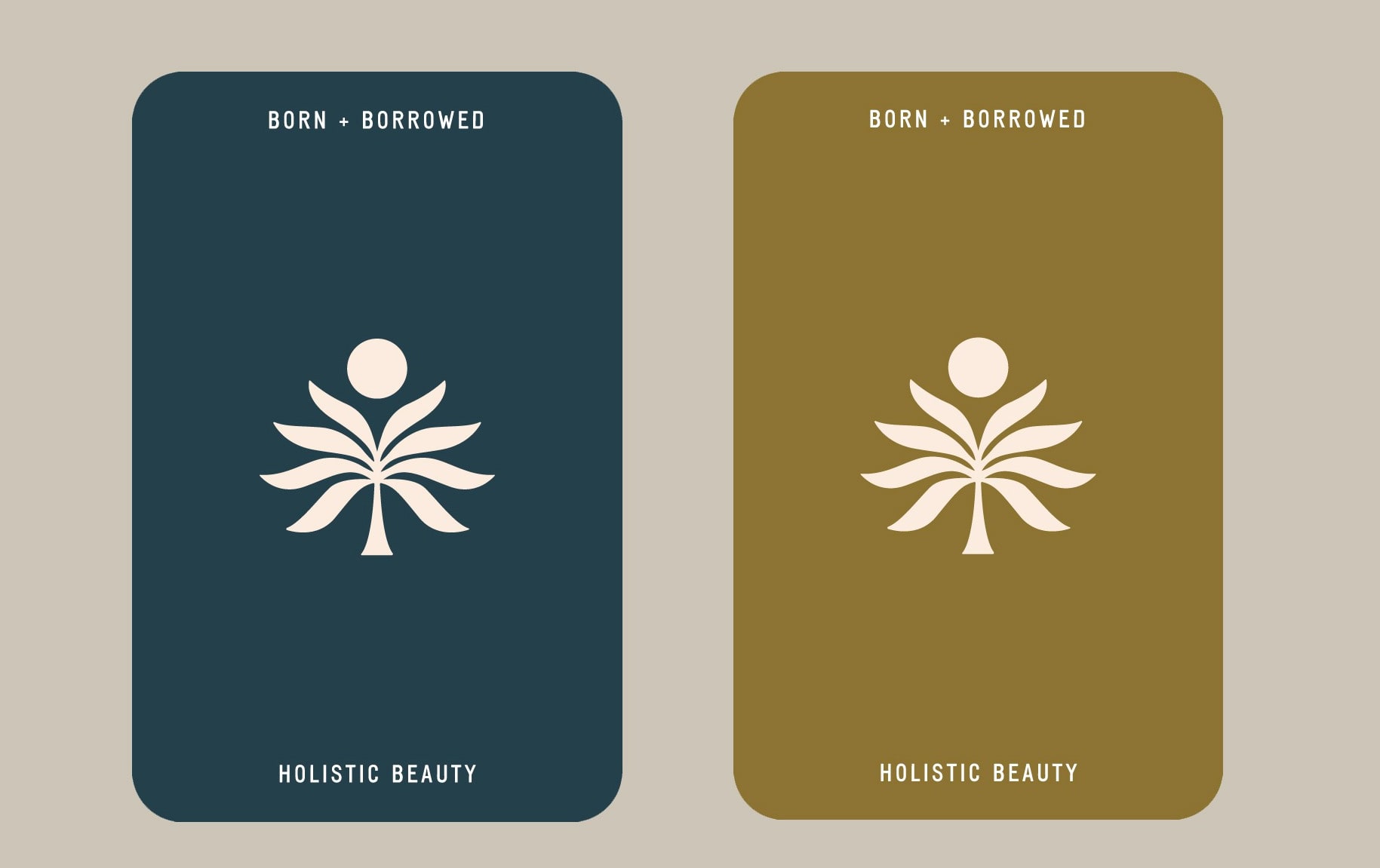 Earth-toned business cards with white logos