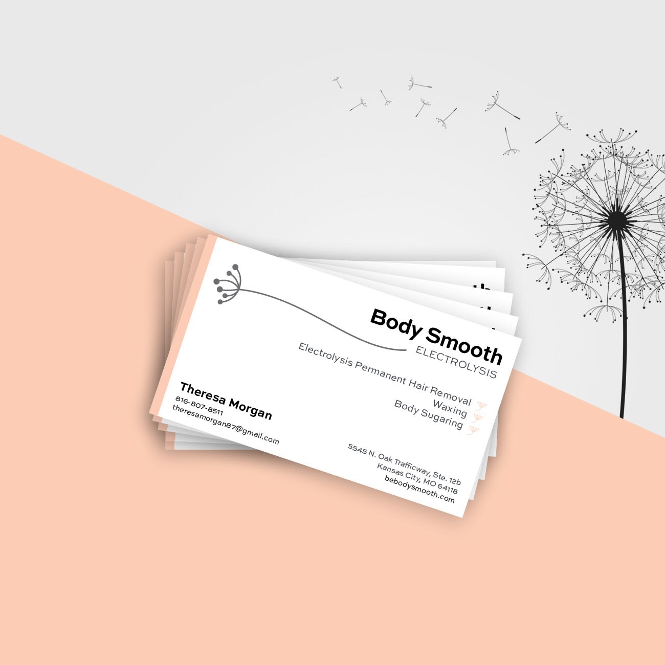 Business card design with pink along the edge and text on the edges