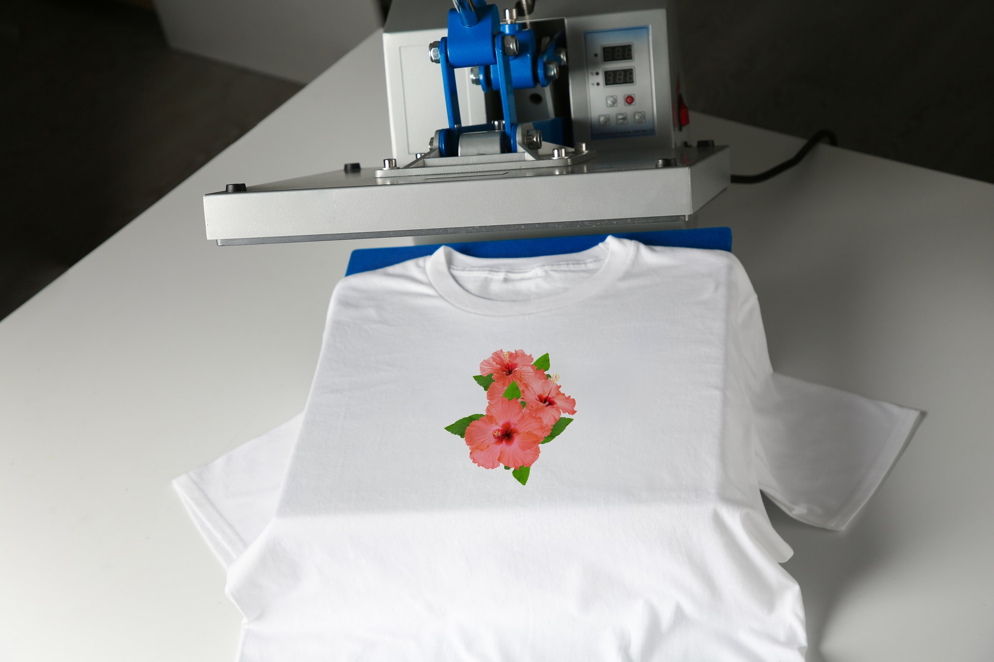 Hibiscus flowers design printed onto a custom T-shirt using a heat press