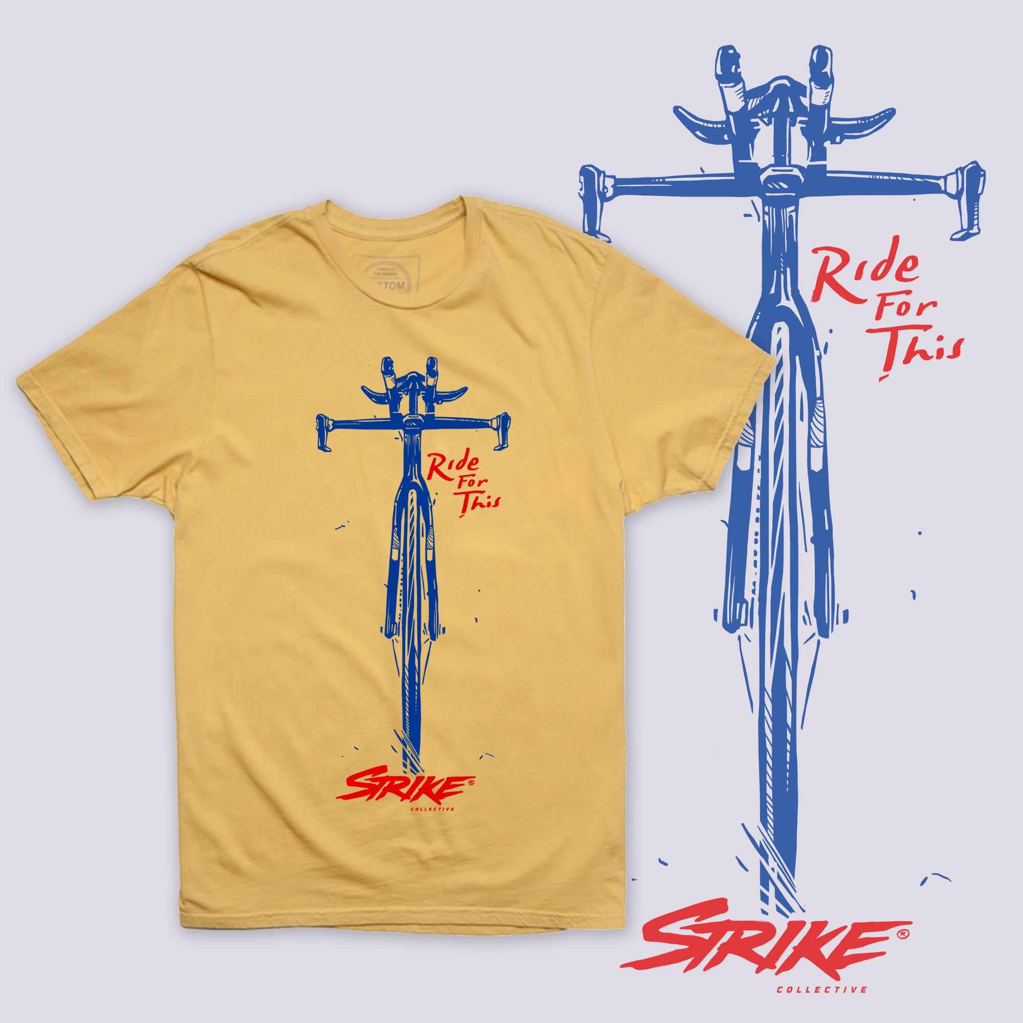 a yellow T-shirt with a blue illustrated bicycle design