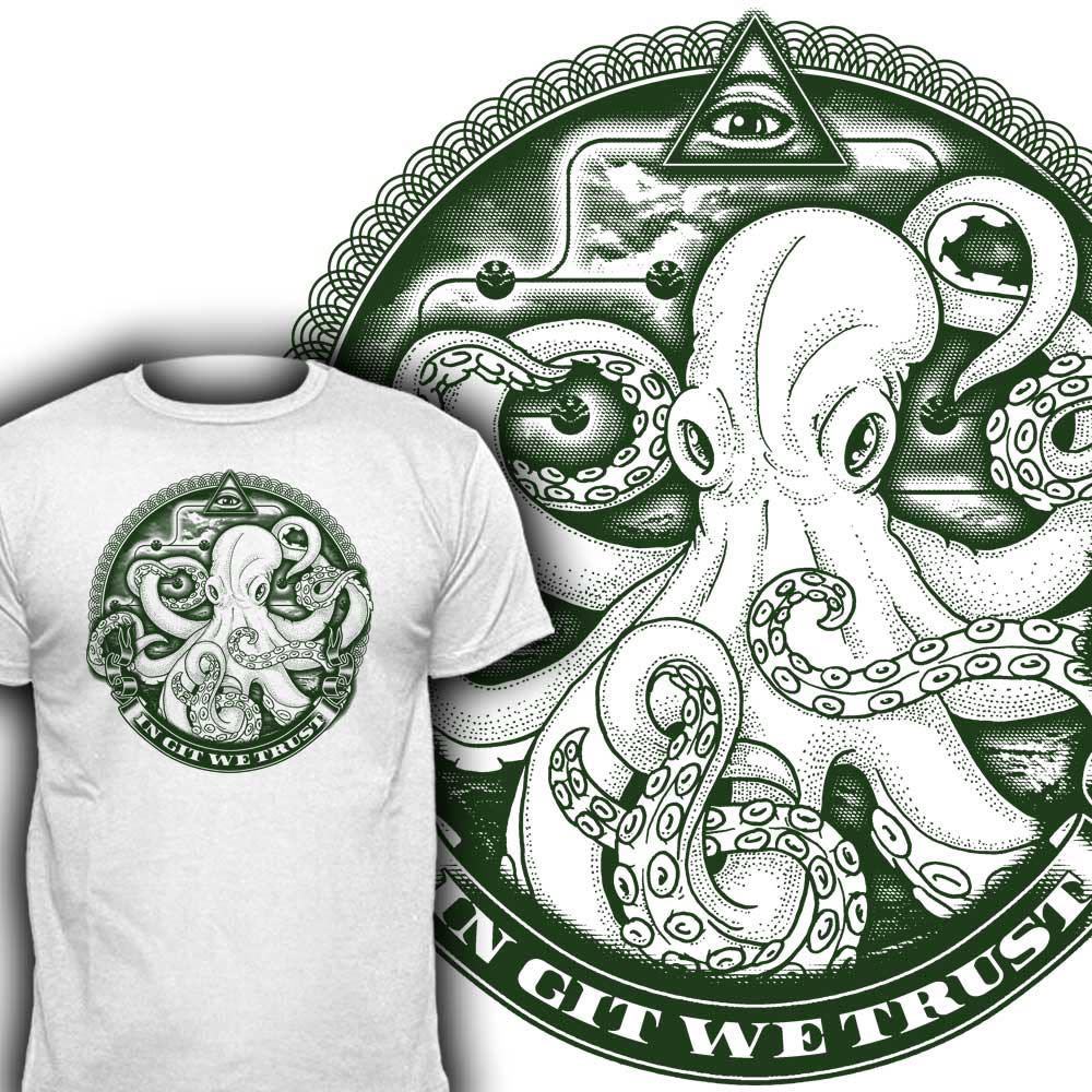 Green octopus illustrated T-shirt design by Diwaz