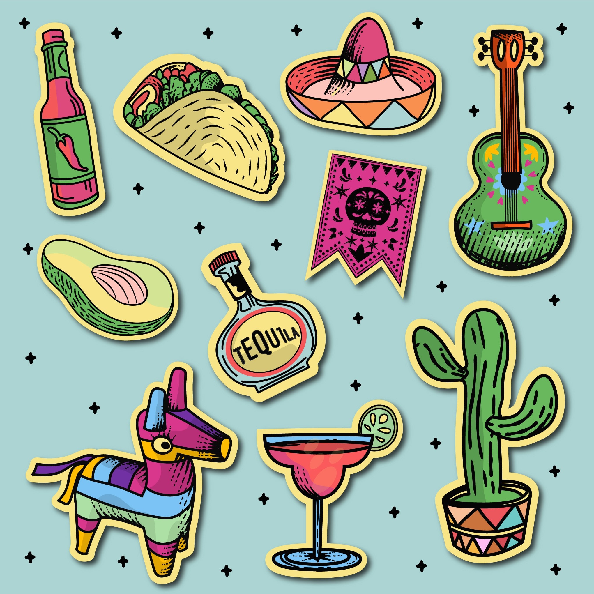 A sheet of Mexican-themed stickers to celebrate Cinco de Mayo