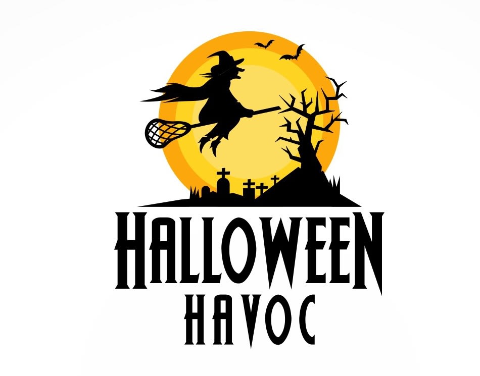halloween havoc sticker with a witch flying in front of the moon