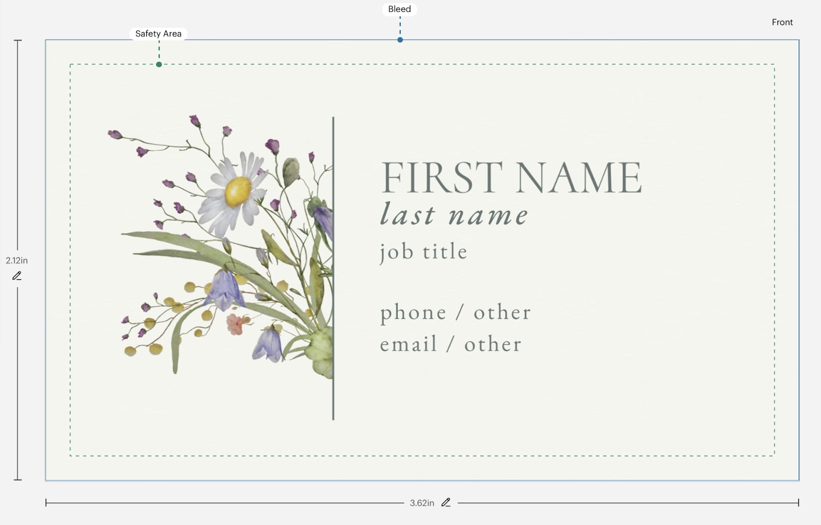 Bleed, trim and safety area outlined in the canvas of our business card design tool