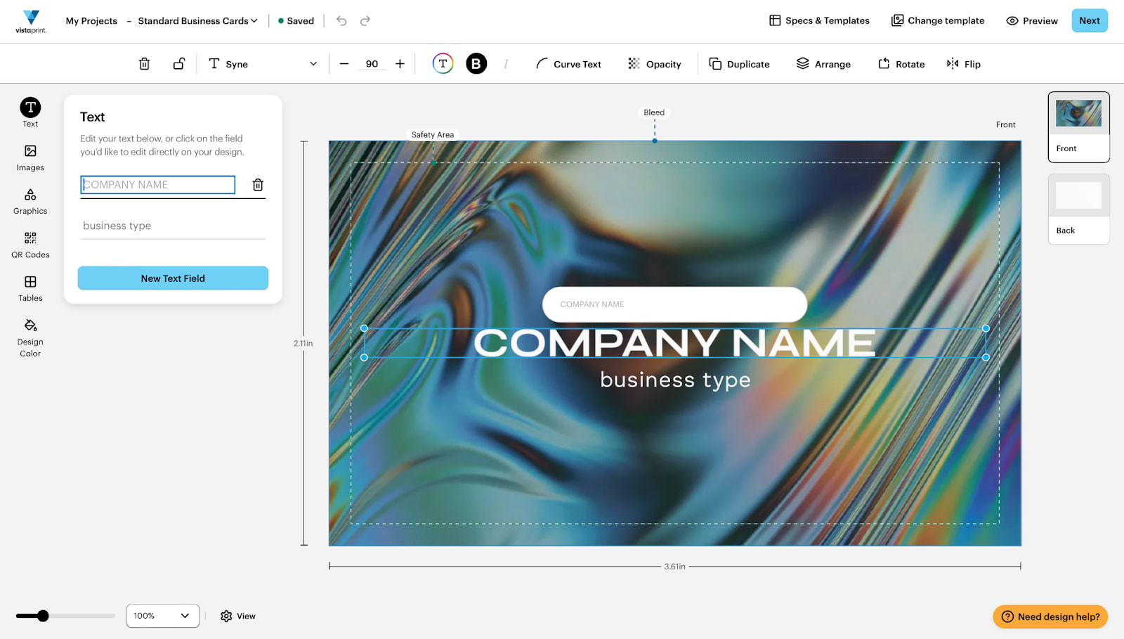 The interface of our graphic editing software for creating business card design