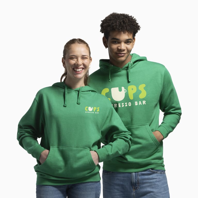 Two people wearing a unisex custom sweatshirt