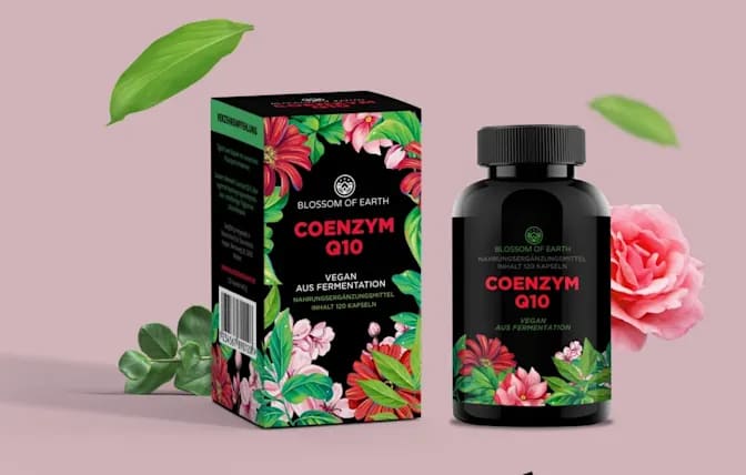 Primarily black product packaging with colorful flowers and text for a supplement brand