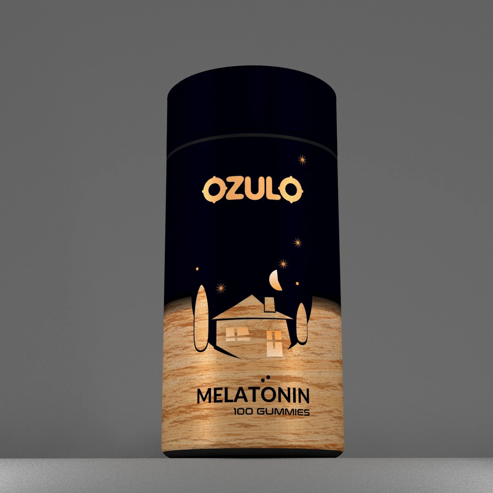 Black and woodgrain supplement packaging design showing an image of a house