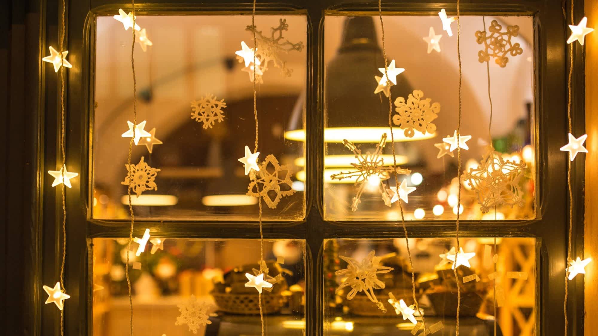Winter lights and decorations in a show window