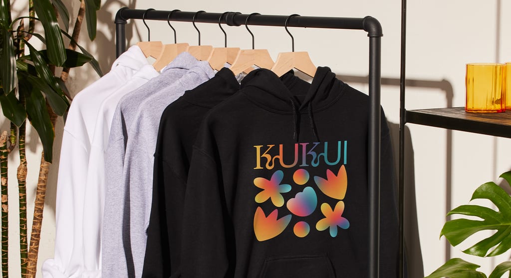 Different types of hoodies on a clothing rack.