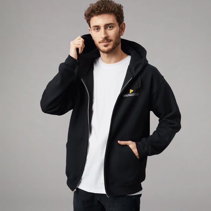 man wearing a branded zip-up hoodie style