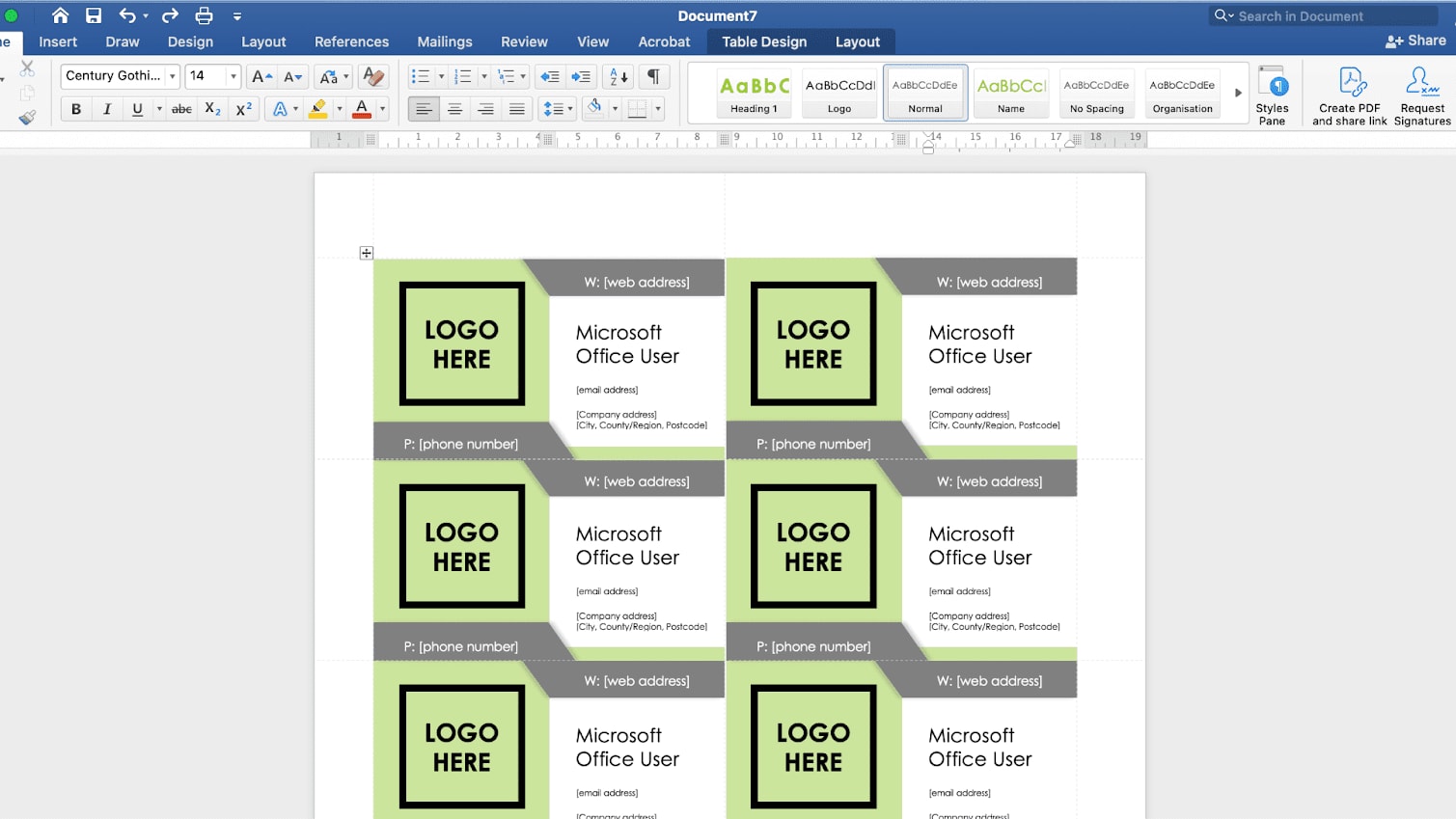 Business card template on Word with logo placement.