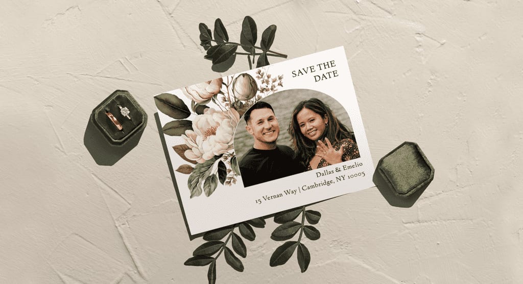 Floral-themed save the date card