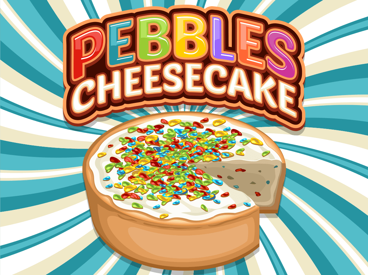 bottle of e-liquid showing a cake against a striped background