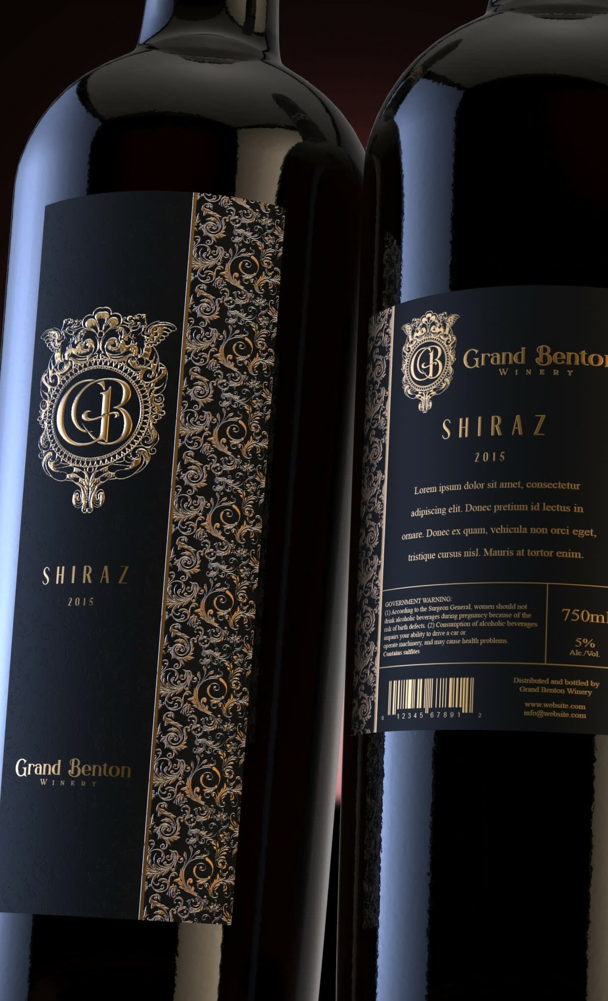 front and back of a wine bottle with a black and gold label