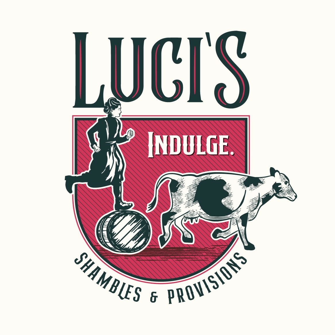 red and gray logo with a tagline showing a woman on a barrel chasing a cow