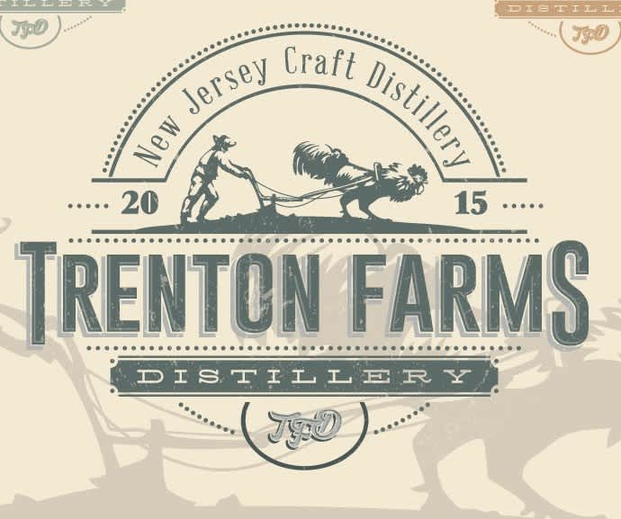rustic distillery logo showing a man and a rooster plowing a field