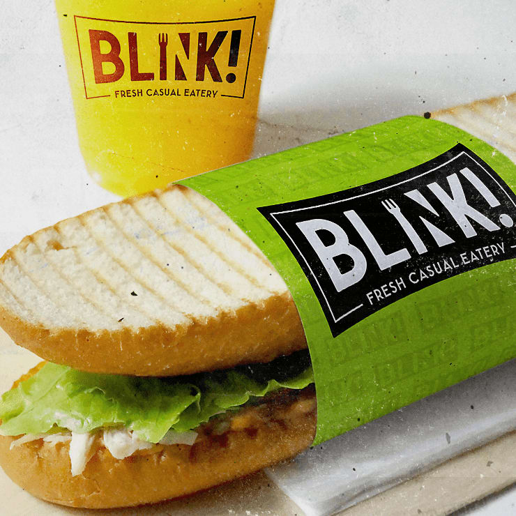 sandwich wrap, bag and disposable cup with Blink! logo