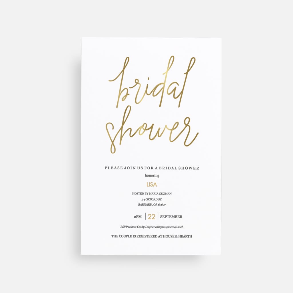 Bridal shower invitation in a golden, cursive font
