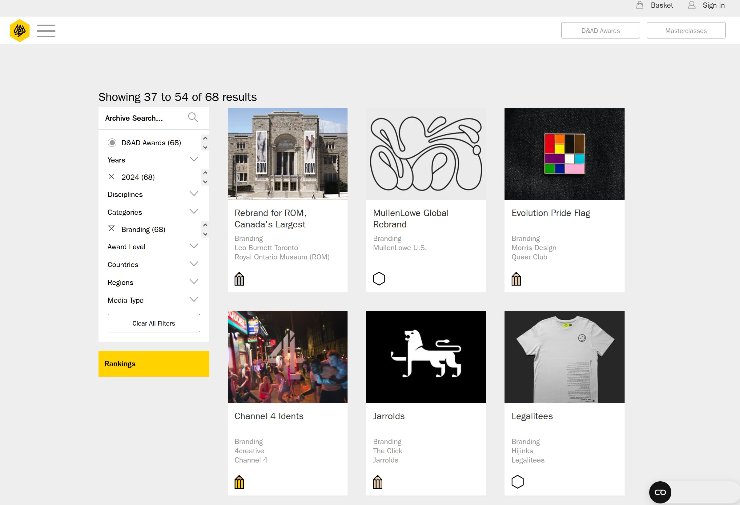 A screenshot of the D&AD branding design awards archive