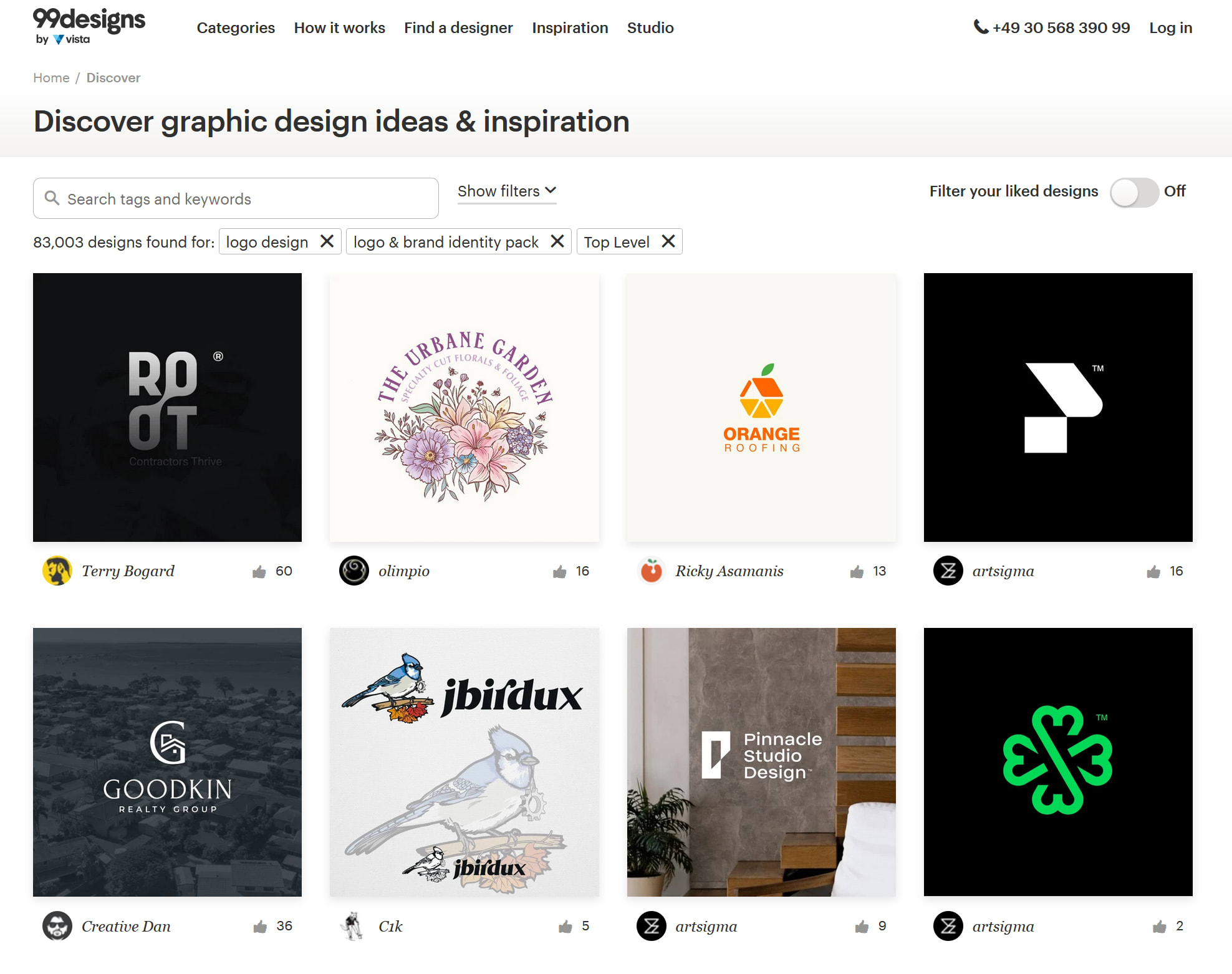 A screenshot of the 99designs by Vista Discover page with logo inspiration from established designers