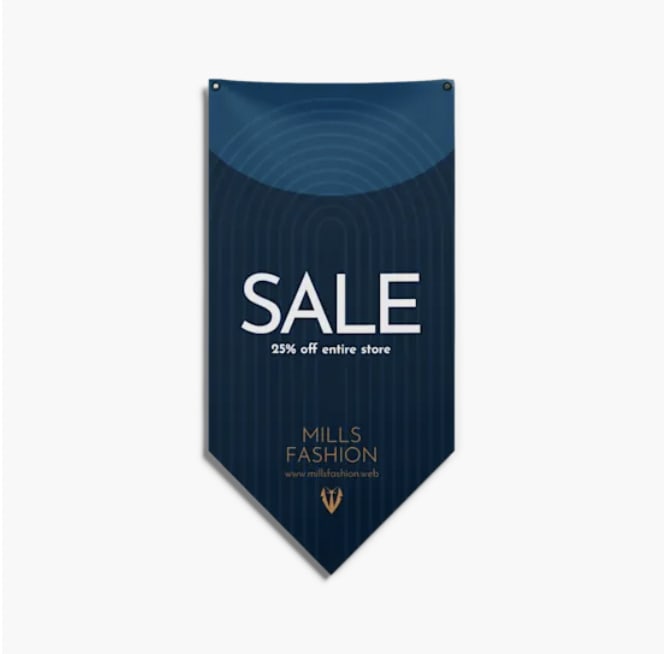 Dark-blue pennant banner advertising a sale hanging up on white wall